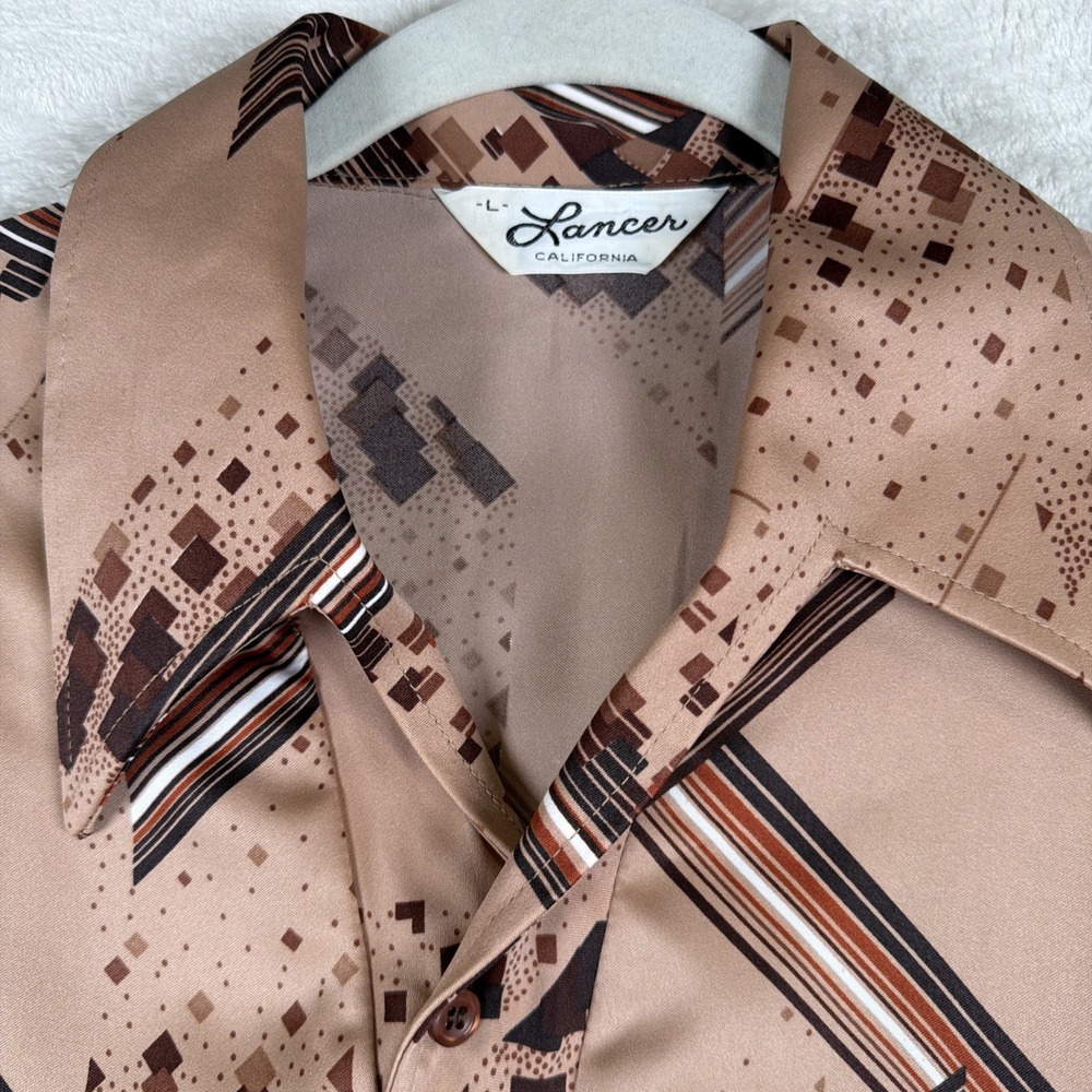 Vintage 60s Lancer California Geometric Mod Shirt Mens L Made USA Brown Tan